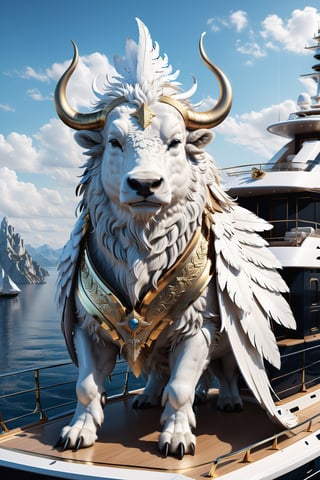 High definition photorealistic render of an incredible and mysterious yacht character in the shape of an elegant white buffalo animal with feathers, with extend dragon wings, with an elegant suit, luxurious details and parametric architectural style in marble and metal, epic pose
​