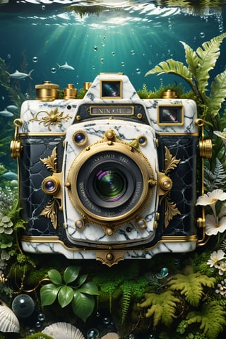 High definition photorealistic render of an incredible and mysterious luxurious abandoned Vintage Camera with wing, with vining plants and moss, made in white marble with black and gold details in classic abandoned ornament and located on the seabed, with fish sharks marine life, aquatic plants, sea beds, shells and explosion of bubbles