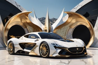 High definition photorealistic render of a luxury super car in yacht very sculptural and with fluid and organic shapes, with symmetrical curves in the shape of dragon wings in background marble black & white details gold, inspired by the style of Zaha Hadid, gold, with black and white details. The design is inspired by the Tomorrowland 2022 main stage, with ultra-realistic Art Deco details and a high level of image complexity