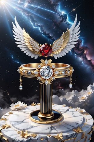 High definition photorealistic render of an incredible and mysterious beautiful and luxurious feminine Bracelet with intricate gold and white marble details and with wings adorning the design, placed on a luxurious column-style throne in black and white marble with crystal and glass with iridescent details and parametric style, located in a desert night landscape, a sky visible to interstellar space, with asteroids, space matter, galaxies, lightning, rain and stars with flowers, white and red feathers and butterflies, a surreal scene with floating sands
