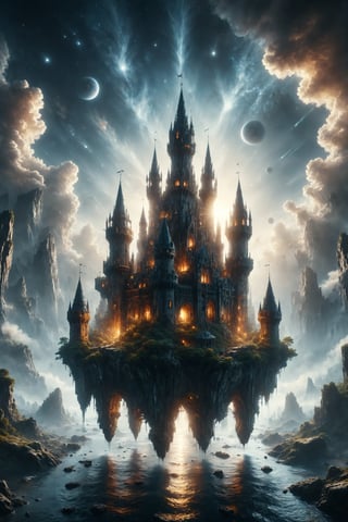 Generate an image of a floating castle in space, with glass towers shining brightly under the sunlight.