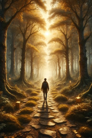 Create an illustration of a person walking on a golden path in an enchanted forest.