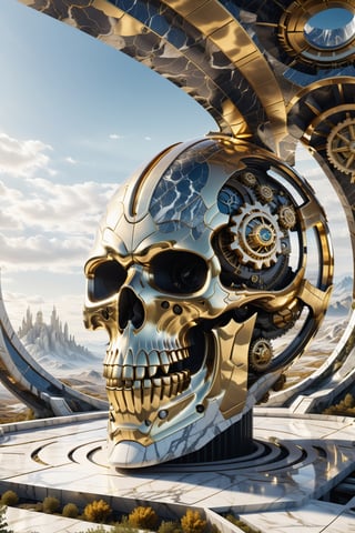 High definition photorealistic render of an incredible and mysterious mythological character of a spaceship in the shape of a skull and gear, in a landscape abandoned by nature with details in marble and luxurious gold metal with hypermaximalist details in art deco, marble, metal and glass parametric zaha hadid