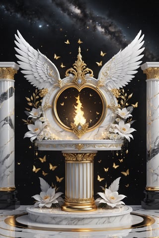 High definition photorealistic render of an incredible and mysterious beautiful and luxurious feminine luxurious hearth with intricate gold and white marble details and with wings adorning the design, placed on a luxurious column-style in black and white marble with crystal and glass with iridescent details and parametric style, located in a desert night landscape, a sky visible to interstellar space, with asteroids, space matter, galaxies, lightning, rain and stars with flowers, white and red feathers and butterflies, a surreal scene with floating sands
