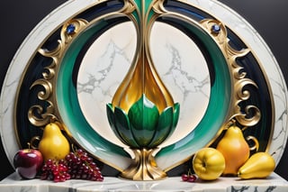 Photorealistic representation in high definition of a mystical and enigmatic scene mega gigant sculpture art deco of a fruit still life, holographic, caotic swaroski whith iridicent foils sylver, of a sculptural vertical the symmetrical shape of a symmetrically shaped, background ornament marble mistical gold, Sapphire, Emerald, ruby, Opal, rainbow, explosion, caotic,  fire, explosion, white, black, surreal concept, very sculptural and with fluid and organic shapes, with symmetrical curves. Inspired by Zaha Hadid's style, gold, with black and white details. The design is inspired by the Tomorrowland 2022 main stage, with ultra-realistic Art Deco details and a high level of image complexity.