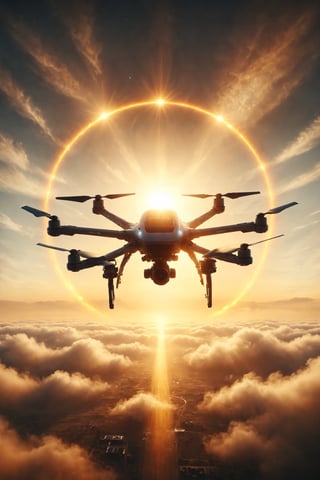 Generate an image of a person flying in a solar-powered drone around the sun, with the sun illuminating their path.