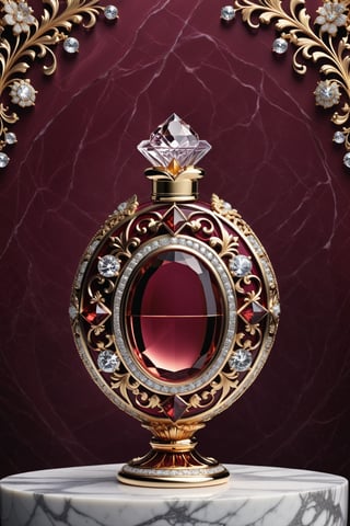 (best quality, highres, ultra high resolution, masterpiece, realistic, extremely photograph, detailed photo, 8K wallpaper, intricate detail, film grains) Photorealistic render in high definition of a majestic perfume made of crystal sculpted in ornamental parametric style, inlaid with diamonds and precious stones, morphologically and conceptually inspired in burgundy color with a burgundy background, its presentation and arrangement, along with the background must follow the same theme , the background must also be magical burgundy color in marble, even the colors, the perfume must be located on a glass and marble throne and with ornamental details and baroque style, glass with an iridescent effect must be included, and a detailed explosion of the scenery, with fabrics, full of elegant mystery, symmetrical, geometric and parametric details, Technical design, Ultra intricate details, Ornate details