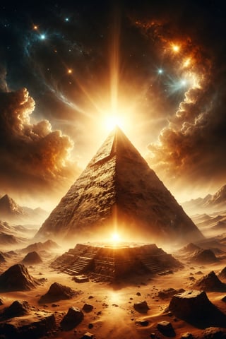 Design a scene of a golden pyramid in space, very close to the sun, reflecting its light in all directions.