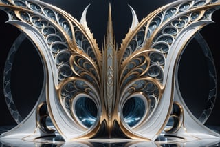 (best quality,  highres,  ultra high resolution,  masterpiece,  realistic,  extremely photograph,  detailed photo,  8K wallpaper,  intricate detail,  film grains), luxurious parametric sculpture in marble on a under sea, in metal of a mega rocket with giant glass wings, inspired by the sculptural designs of Zaha Hadid, it must be symmetrical and with shapes similar to the wings, and in the middle there must be a sword with a throne-style gothic design and general everything with very fluid curves and pointed corners, an aggressive and imposing design with a lot of details in each parametric curve, the design should be inside a castle with marble, details in precious stones