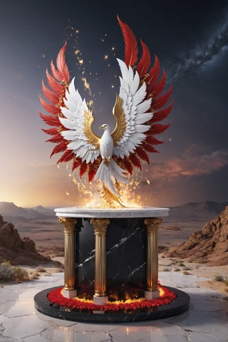 High definition photorealistic render of an incredible and mysterious beautiful and luxurious feminine luxurious fire hearth red with intricate gold and white marble details and with wings adorning the design, placed on a luxurious column-style in black and white marble with crystal and glass with iridescent details and parametric style, located in a desert night landscape, a sky visible to interstellar space, with asteroids, space matter, galaxies, lightning, rain and stars with flowers, white and red feathers and butterflies, a surreal scene with floating sands
