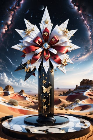 High definition photorealistic render of an incredible and mysterious beautiful and luxurious decorative bow made of ribbon stars, symmetrical and parametric fire with intricate gold and white marble details, placed on a luxurious column-style in black and white marble with crystal and glass with iridescent details and parametric style, located in a desert night landscape, a sky visible to interstellar space, with asteroids, space matter, galaxies, lightning, rain and stars with flowers, white and red feathers and butterflies, a surreal scene with floating sands
