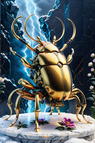 High definition photorealistic render of an incredible and mysterious beetle made with mechanical components such as tubes, pipes, copper, brass, leather, gears, cables, on a throne of marble and metal in a night landscape with snow and rainbows and lightning with flowers with details in marble and luxurious gold metal with hypermaximalist details in art deco, marble, metal and parametric glass zaha hadid