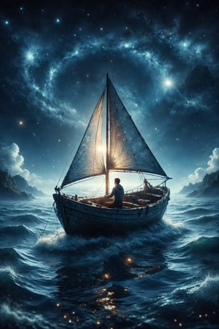 Create an illustration of a person sailing in a glass boat over an ocean of stars.