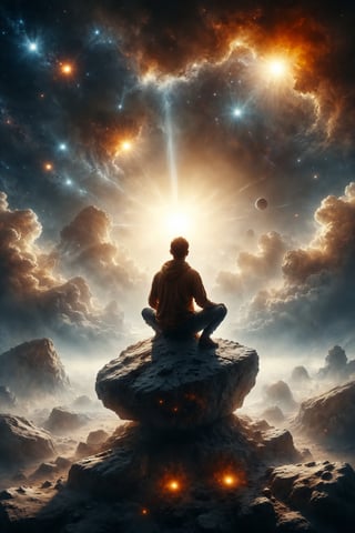 Create an image of a person sitting on a floating rock in space, observing the sun from a distance.