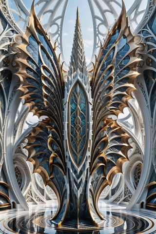 (best quality,  highres,  ultra high resolution,  masterpiece,  realistic,  extremely photograph,  detailed photo,  8K wallpaper,  intricate detail,  film grains), luxurious parametric sculpture in marble on a under sea, in metal of a mega rocket with giant glass wings, inspired by the sculptural designs of Zaha Hadid, it must be symmetrical and with shapes similar to the wings, and in the middle there must be a sword with a throne-style gothic design and general everything with very fluid curves and pointed corners, an aggressive and imposing design with a lot of details in each parametric curve, the design should be inside a castle with marble, details in precious stones