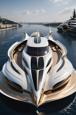 High definition photorealistic render of a luxury super yacht very sculptural and with fluid and organic shapes, with symmetrical curves in the shape of dragon wings inspired by the style of Zaha Hadid, gold, with black and white details. The design is inspired by the Tomorrowland 2022 main stage, with ultra-realistic Art Deco details and a high level of image complexity