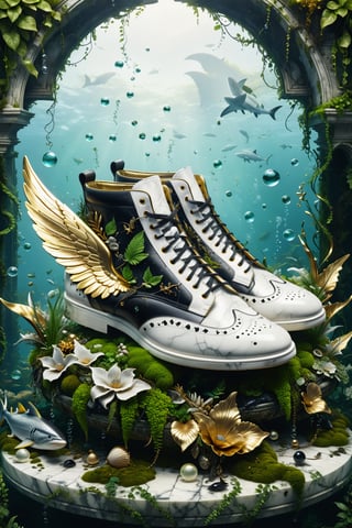 High definition photorealistic render of an incredible and mysterious luxurious abandoned shoes with wing, with vining plants and moss, made in white marble with black and gold details in classic abandoned ornament and located on the seabed, with fish sharks marine life, aquatic plants, sea beds, shells and explosion of bubbles