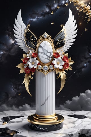 High definition photorealistic render of an incredible and mysterious beautiful and luxurious feminine Hairbrush with intricate gold and white marble details and with wings adorning the design, placed on a luxurious column-style throne in black and white marble with crystal and glass with iridescent details and parametric style, located in a desert night landscape, a sky visible to interstellar space, with asteroids, space matter, galaxies, lightning, rain and stars with flowers, white and red feathers and butterflies, a surreal scene with floating sands
