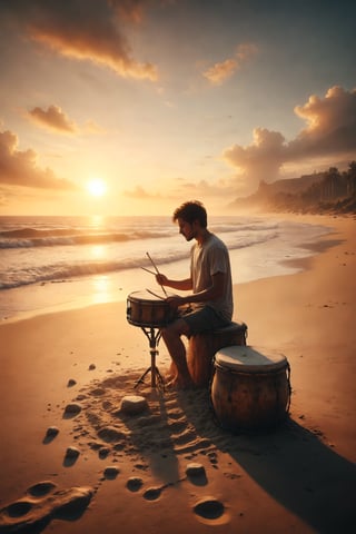 Design a scene of a person playing a drum on a deserted beach at sunset.
