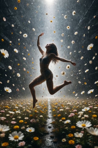 Design a scene of a person dancing in a field of flowers under a shower of petals.