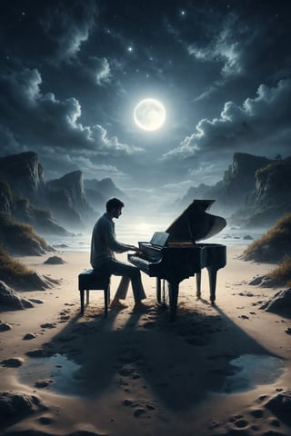 Create an illustration of a person playing a piano on a deserted beach under the moonlight.