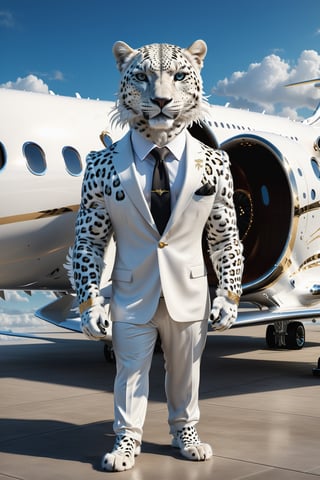 High definition photorealistic render of an incredible and mysterious private jet character in the shape of an elegant white big majestic leopard animal with feathers, with extend dragon wings, outside the private jet with an elegant suit, luxurious details and parametric architectural style in marble and metal, epic pose
​