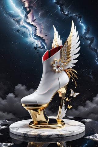 High definition photorealistic render of an incredible and mysterious beautiful and luxurious feminine High Heels with intricate gold and white marble details and with wings adorning the design, placed on a luxurious column-style throne in black and white marble with crystal and glass with iridescent details and parametric style, located in a desert night landscape, a sky visible to interstellar space, with asteroids, space matter, galaxies, lightning, rain and stars with flowers, white and red feathers and butterflies, a surreal scene with floating sands
