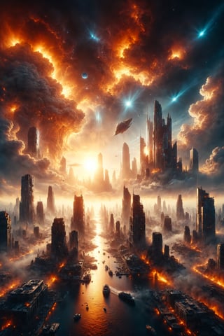 Generate an image of a floating city in space near the sun, with bright plasma clouds around it.