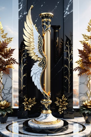 High definition photorealistic render of an incredible and mysterious beautiful and luxurious flute with intricate gold and white marble details and wings adorning the design, placed on a luxurious column-style throne in black and white marble with crystal and glass with iridescent details and parametric style, located in a daytime landscape with an ice floor, with leaves autumn, many flowers and dry trees, with a strong sun in the background with fire and smoke