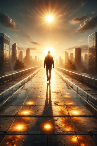 Design a scene of a person walking on a glass walkway that encircles the sun, with the solar glow illuminating their path.