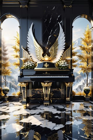 High definition photorealistic render of an incredible and mysterious beautiful and luxurious piano with intricate gold and white marble details and wings adorning the design, placed on a luxurious column-style throne in black and white marble with crystal and glass with iridescent details and parametric style, located in a daytime landscape with an ice floor, with leaves autumn, many flowers and dry trees, with a strong sun in the background with fire and smoke