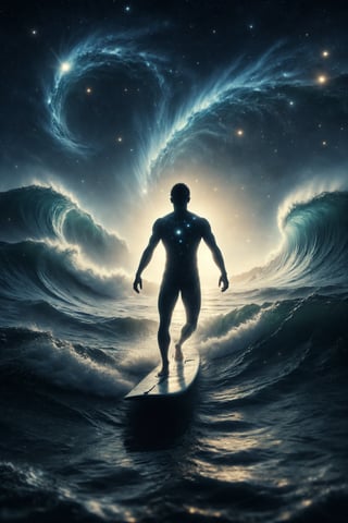 Generate an image of a person surfing on waves of light in a nighttime ocean filled with stars.