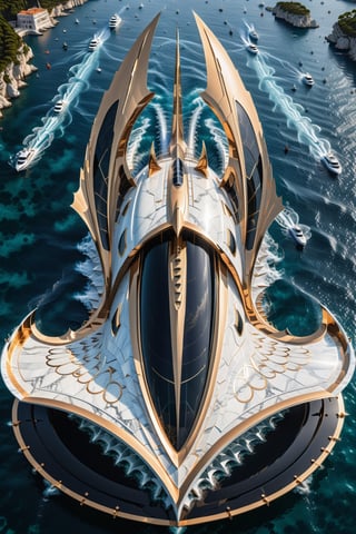 (best quality,  highres,  ultra high resolution,  masterpiece,  realistic,  extremely photograph,  detailed photo,  8K wallpaper,  intricate detail,  film grains), luxurious parametric yatch sculpture in marble on a under sea, in metal of a mega rocket with giant glass wings, inspired by the sculptural designs of Zaha Hadid, it must be symmetrical and with shapes similar to the wings, and in the middle there must be a sword with a throne-style gothic design and general everything with very fluid curves and pointed corners, an aggressive and imposing design with a lot of details in each parametric curve, the design should be inside a castle with marble, details in precious stones