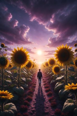 Design a scene of a person walking through a field of giant sunflowers under a purple sky.
