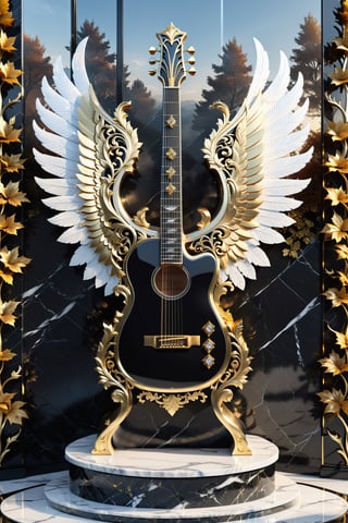High definition photorealistic render of an incredible and mysterious beautiful and luxurious guitar with intricate gold and white marble details and wings adorning the design, placed on a luxurious column-style throne in black and white marble with crystal and glass with iridescent details and parametric style, located in a daytime landscape with an ice floor, with leaves autumn, many flowers and dry trees, with a strong sun in the background with fire and smoke