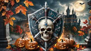 Photorealistic representation in high definition of luxurious and mythical sword with shield in gothic and medieval design, with precious stones, carved metal, glass and marble, ornament dark gothic decorations, in the background there must be a medieval castle background, with fire and powder, with ornamental details in medieval style and immersed in leaves of Autumn next to it must be surrounded by pumpkins, with spooky paths, and details in skulls, a mythical Halloween scene, Halloween autumn theme