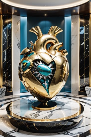 High definition photorealistic render of an incredible and mysterious sculpture of a heart with the human anatomical shape and with the style and components of a Lamborghini motorcycle, with details of mechanical parts and glass with marble, placed on a throne with parametric style in metal and marble, inside a hotel surrounded by luxury, with details in marble and luxurious gold metal with hypermaximalist details in art deco, marble, metal and parametric glass zaha hadid