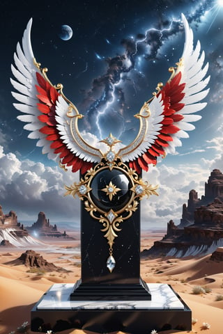 High definition photorealistic render of an incredible and mysterious beautiful and luxurious feminine Necklace with intricate gold and white marble details and with wings adorning the design, placed on a luxurious column-style throne in black and white marble with crystal and glass with iridescent details and parametric style, located in a desert night landscape, a sky visible to interstellar space, with asteroids, space matter, galaxies, lightning, rain and stars with flowers, white and red feathers and butterflies, a surreal scene with floating sands

