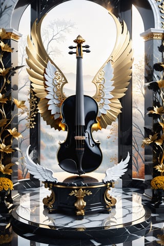 High definition photorealistic render of an incredible and mysterious beautiful and luxurious violin with intricate gold and white marble details and wings adorning the design, placed on a luxurious column-style throne in black and white marble with crystal and glass with iridescent details and parametric style, located in a daytime landscape with an ice floor, with leaves autumn, many flowers and dry trees, with a strong sun in the background with fire and smoke