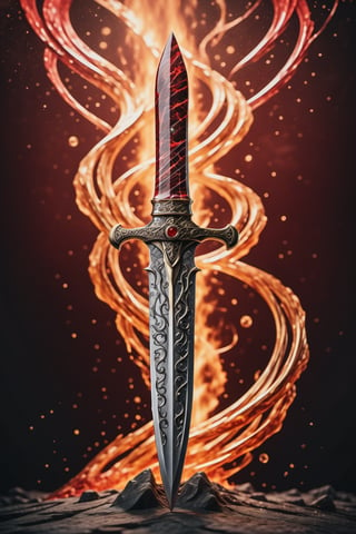 (best quality,  highres,  ultra high resolution,  masterpiece,  realistic,  extremely photograph,  detailed photo,  8K wallpaper,  intricate detail,  film grains),  High definition photorealistic photography of ultra luxury,  Design concept of premium collectible Gothic and Medieval-style Dagger, background red, set in a chaotic environment with swirling fire particles and a Gothic castle in the background. A luxurious design featuring marble,  glass,  and golden metal,  with black and white details. The design is inspired by the main stage of Tomorrowland 2022,  with ultra-realistic gothic details and a high level of intricacy in the image.