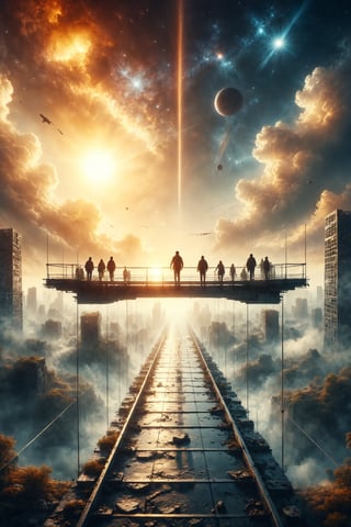 Create an illustration of a glass bridge suspended in space near the sun, with people walking and enjoying the view.