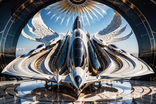 (best quality,  highres,  ultra high resolution,  masterpiece,  realistic,  extremely photograph,  detailed photo,  8K wallpaper,  intricate detail,  film grains), luxurious mega private jet parametric sculpture in marble, in metal of a mega rocket with giant glass wings, inspired by the sculptural designs of Zaha Hadid, it must be symmetrical and with shapes similar to the wings, and in the middle there must be a sword with a throne-style gothic design and general everything with very fluid curves and pointed corners, an aggressive and imposing design with a lot of details in each parametric curve, the design should be inside a castle with marble, details in precious stones