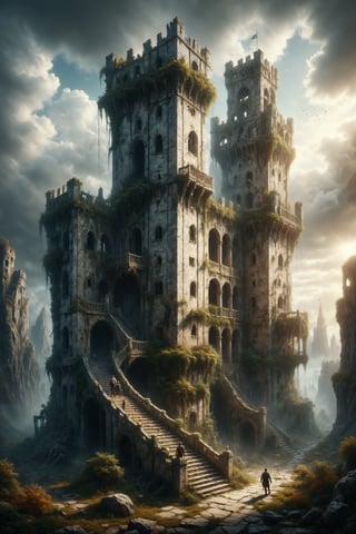 Design a scene of a person climbing an ivory tower in a fantasy realm.