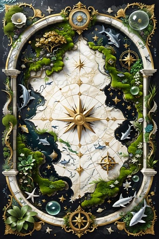 High definition photorealistic render of an incredible and mysterious luxurious abandoned Old Maps with wing, with vining plants and moss, made in white marble with black and gold details in classic abandoned ornament and located on the seabed, with fish sharks marine life, aquatic plants, sea beds, shells and explosion of bubbles