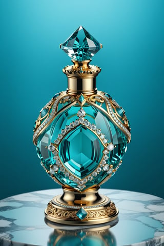 (best quality, highres, ultra high resolution, masterpiece, realistic, extremely photograph, detailed photo, 8K wallpaper, intricate detail, film grains) Photorealistic render in high definition of a majestic perfume made of crystal sculpted in ornamental parametric style, inlaid with diamonds and precious stones, morphologically and conceptually inspired in turquoise color with a torquoise background, its presentation and arrangement, along with the background must follow the same theme , the background must also be magical turquoise color in marble, even the colors, the perfume must be located on a glass and marble throne and with ornamental details and baroque style, glass with an iridescent effect must be included, and a detailed explosion of the scenery, with fabrics, full of elegant mystery, symmetrical, geometric and parametric details, Technical design, Ultra intricate details, Ornate details