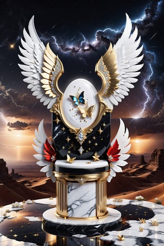 High definition photorealistic render of an incredible and mysterious beautiful and luxurious feminine Nail Polish with intricate gold and white marble details and with wings adorning the design, placed on a luxurious column-style throne in black and white marble with crystal and glass with iridescent details and parametric style, located in a desert night landscape, a sky visible to interstellar space, with asteroids, space matter, galaxies, lightning, rain and stars with flowers, white and red feathers and butterflies, a surreal scene with floating sands
