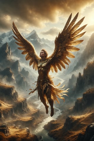 Generate an image of a person flying with golden feathered wings over a mountainous landscape.