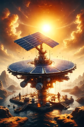 Create an illustration of a solar research station floating near the sun, with scientists studying its phenomena.