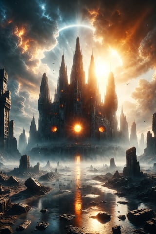 Design a scene of a space fortress near the sun, with walls reflecting sunlight and defensive towers.