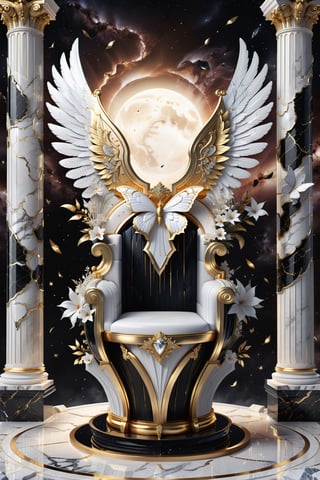 High definition photorealistic render of an incredible and mysterious beautiful and luxurious feminine Skirt with intricate gold and white marble details and with wings adorning the design, placed on a luxurious column-style throne in black and white marble with crystal and glass with iridescent details and parametric style, located in a desert night landscape, a sky visible to interstellar space, with asteroids, space matter, galaxies, lightning, rain and stars with flowers, white and red feathers and butterflies, a surreal scene with floating sands
